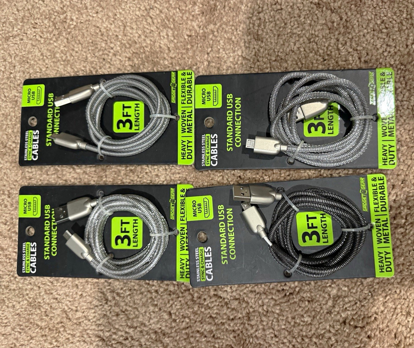 Braided USB-A to Micro-USB Cable 3ft Metal Connector Silver/Black Lot of 4