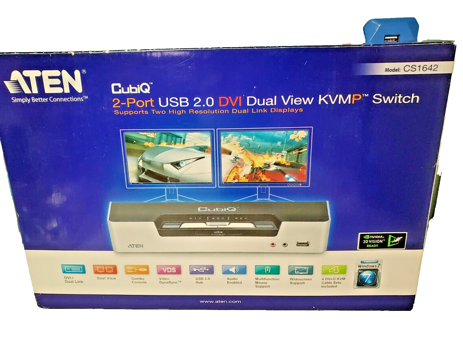 Aten CubiQ 2-Port USB 2.0 DVI Dual Monitor View KVMP Switch 3D Vision CS1642