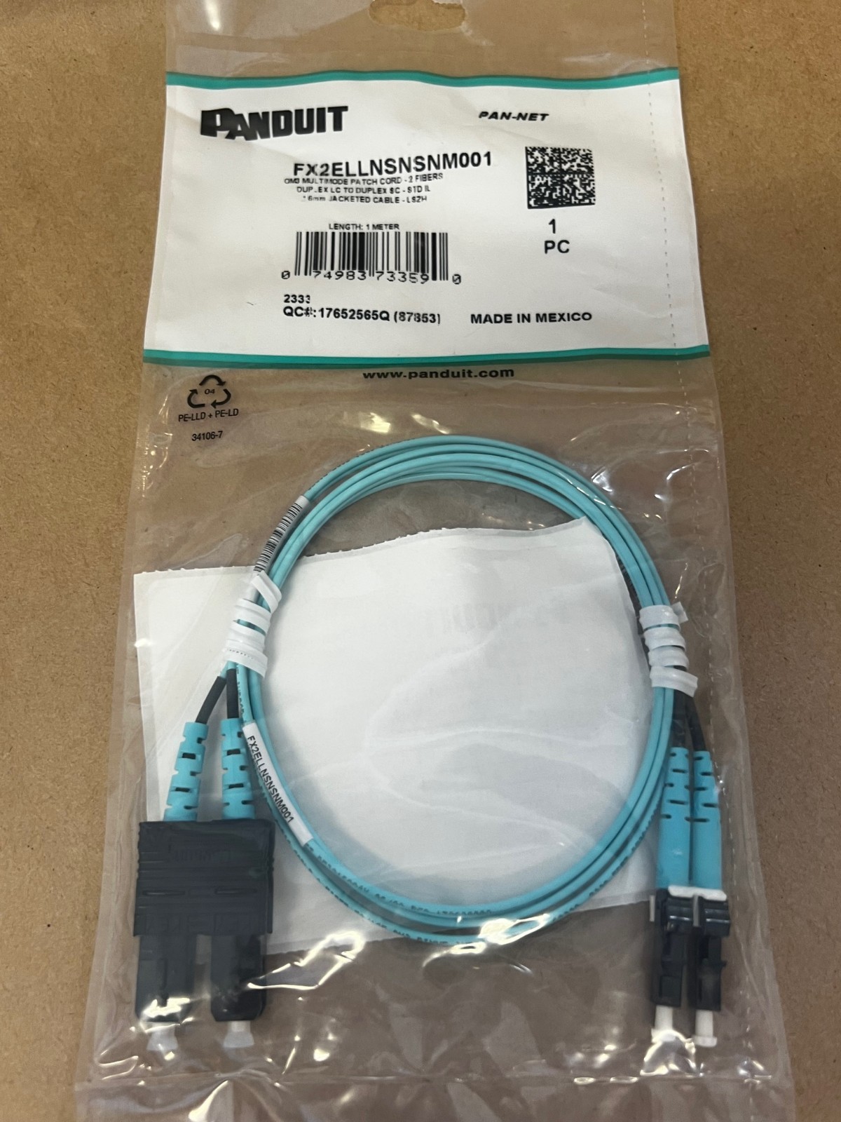 Panduit FX2ELLNSNSNM001, 1m OM3 Multimode Fiber Optic Patch Cord,  2 Fibers *NEW