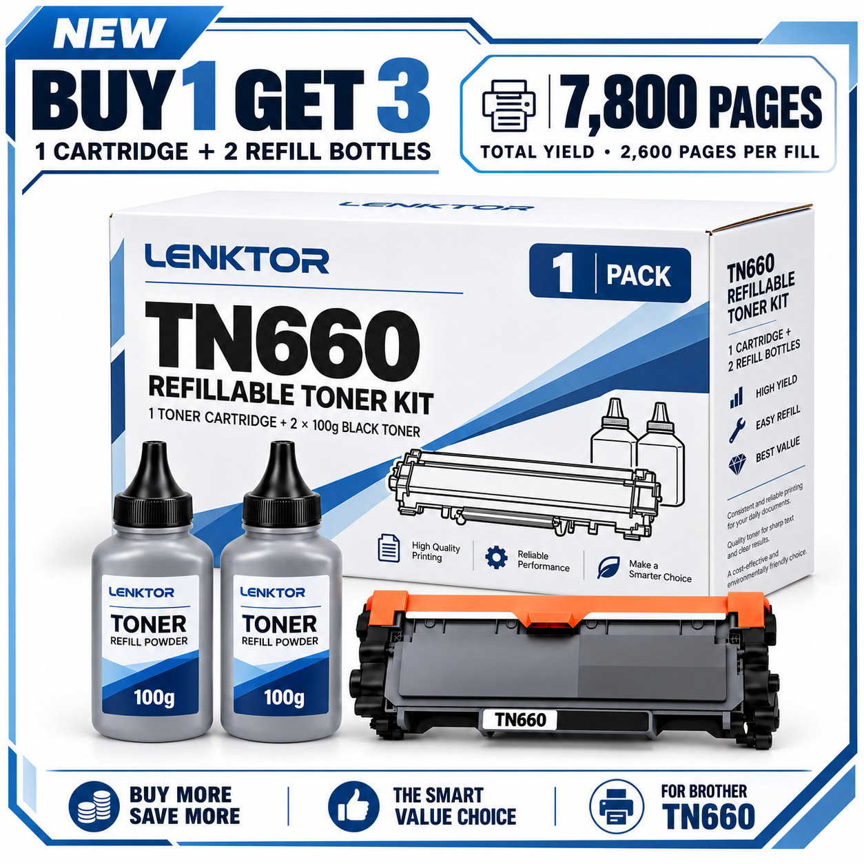 TN660 Refillable Toner 1PK BK Value Pack for HL-L2380DW MFC-L2740DW HL-L2300D