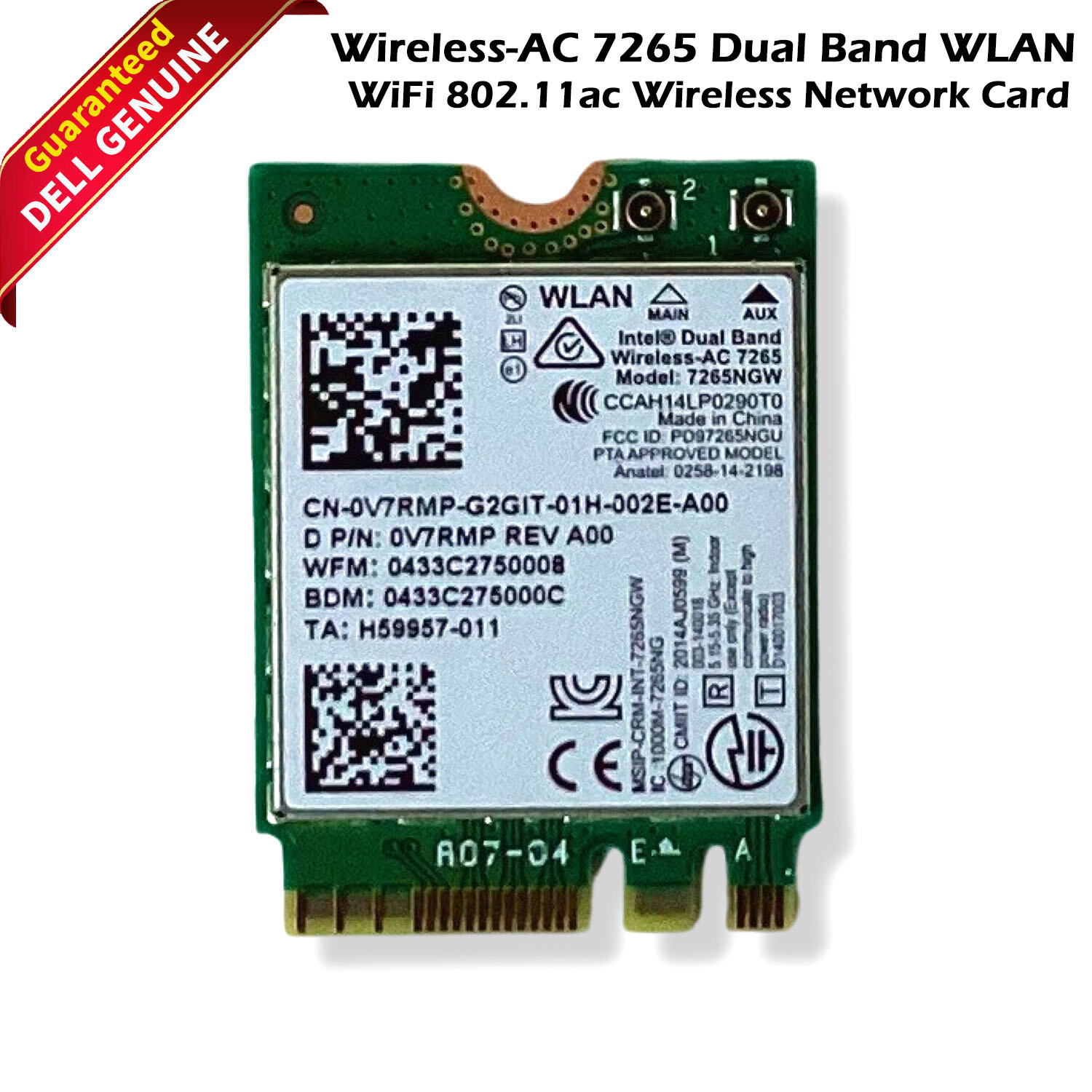 Dell 7265NGW Intel Dual Band WLAN WiFi Wireless Mini Card Bluetooth 0V7RMP V7RMP