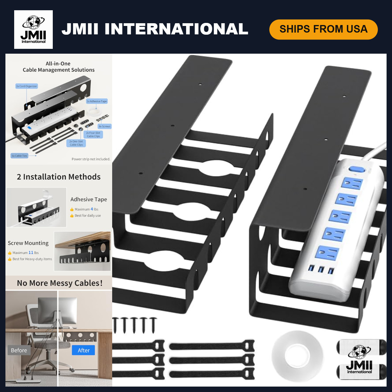 2 Pack Metal Under Desk Cable Management Tray, Black U Channel Organizer, Tidy C