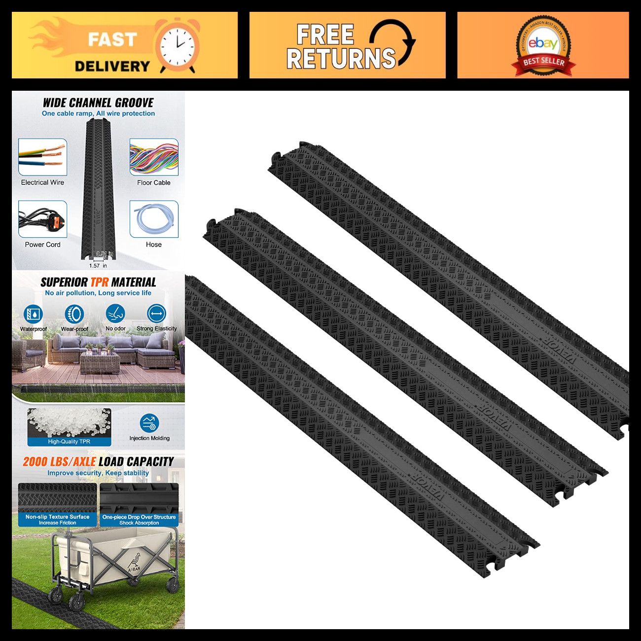 Heavy Duty Cable Cover Ramp - 3 PCs Thermoplastic Rubber, 2,000 lbs Load Capacit