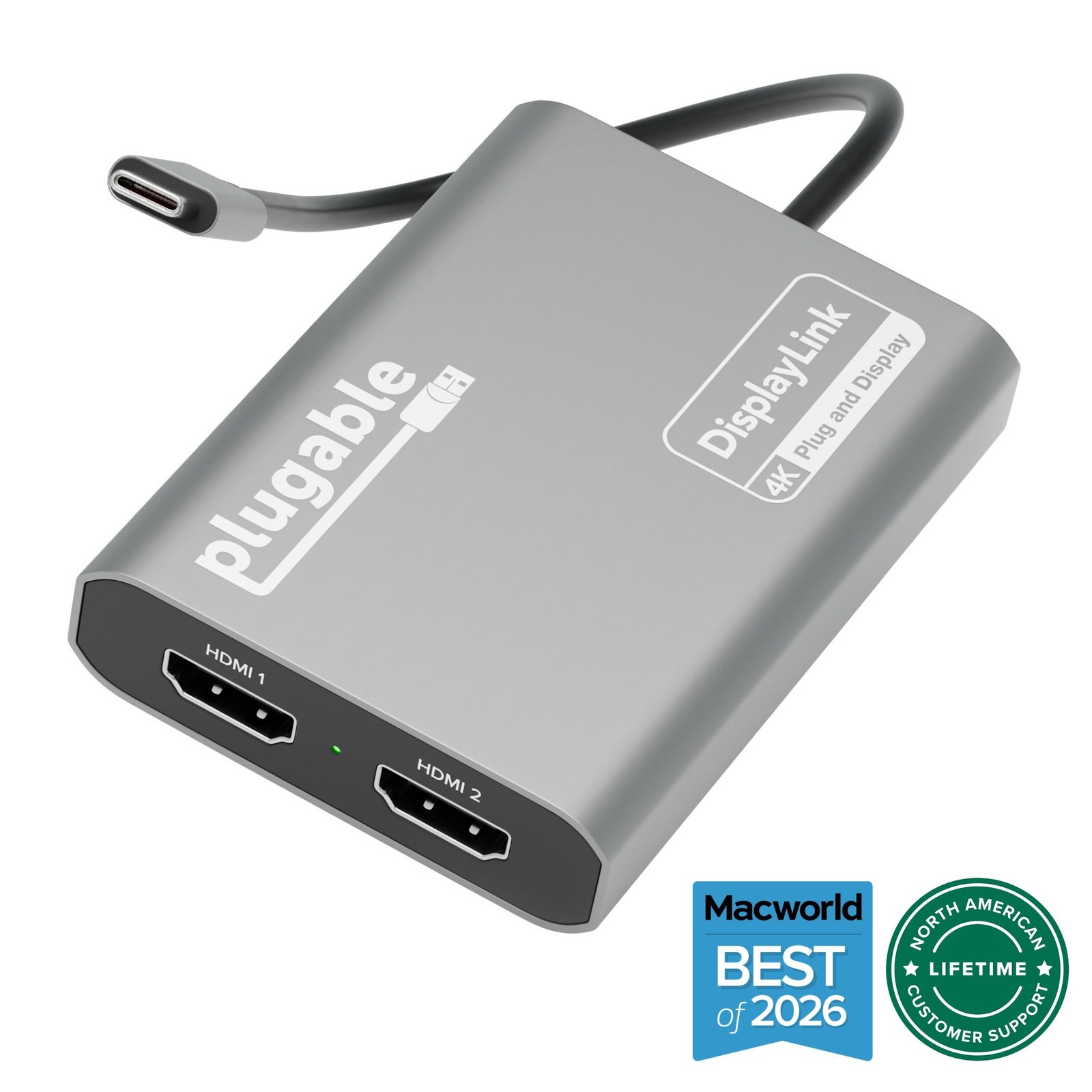 Plugable USB-C DisplayLink Adapter — Dual HDMI for MacBook Air/Pro M1-M5 | Two