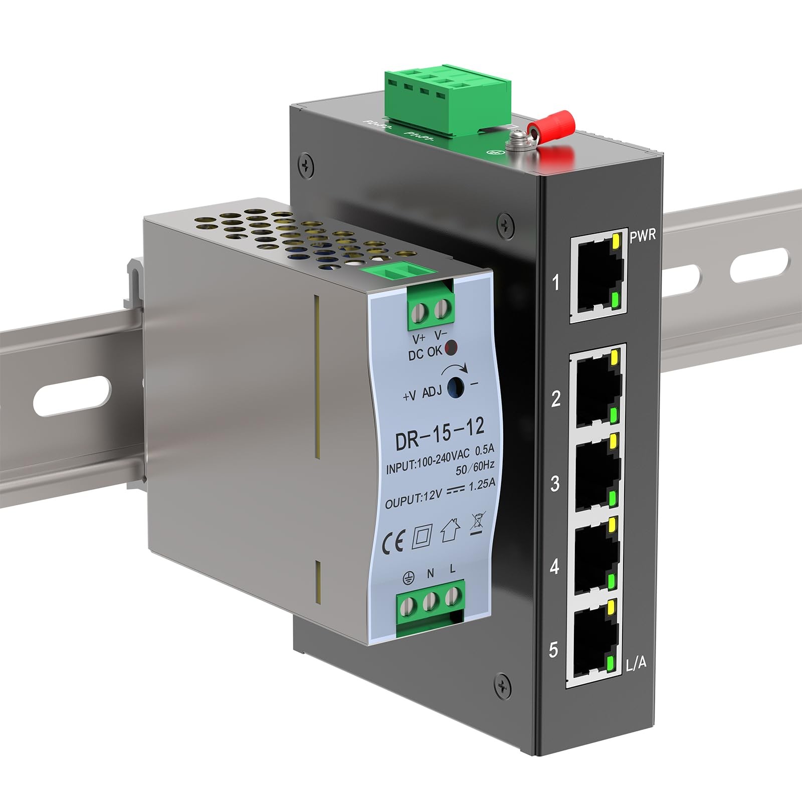 5 Port 100Mb Unmanaged Industrial Switch 15W Power Supply DIN Rail