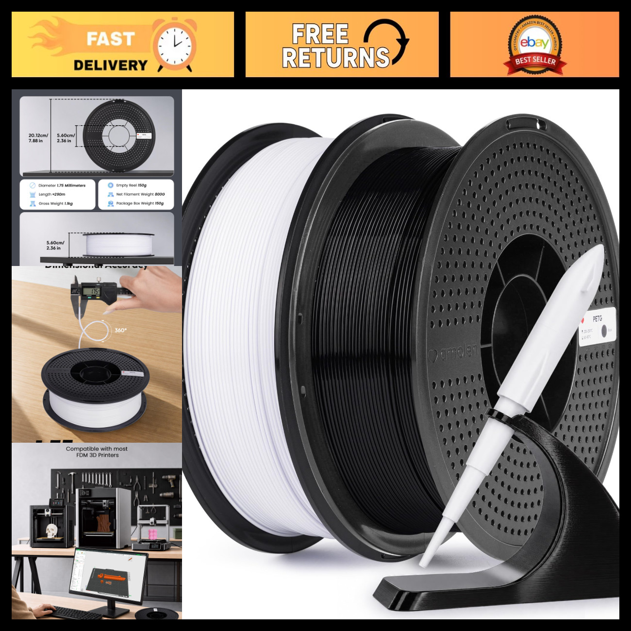 High-Speed 1.75mm PETG 3D Printer Filament Bundle, 2KG Black & White, Durable &