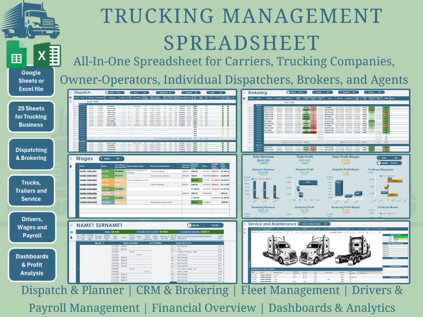All-in-One Trucking, Dispatch Management Workbook (Google Sheets or Excel)