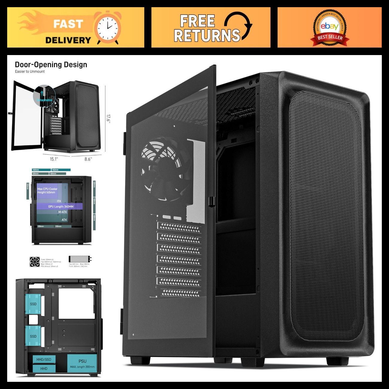 ATX Mid Tower Gaming PC Case - Type-C Ready, RGB Fans, Tempered Glass Panel