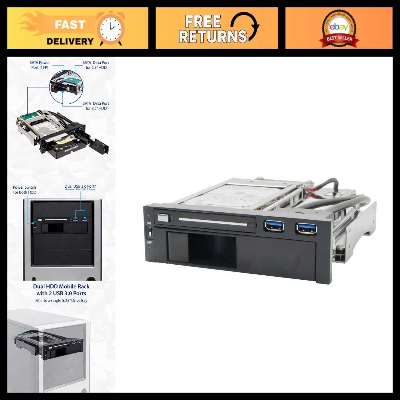 5.25" Bay Mobile Rack for 3.5" & 2.5" SATA HDDs, Extra 2-Port USB 3.0, Black/Whi