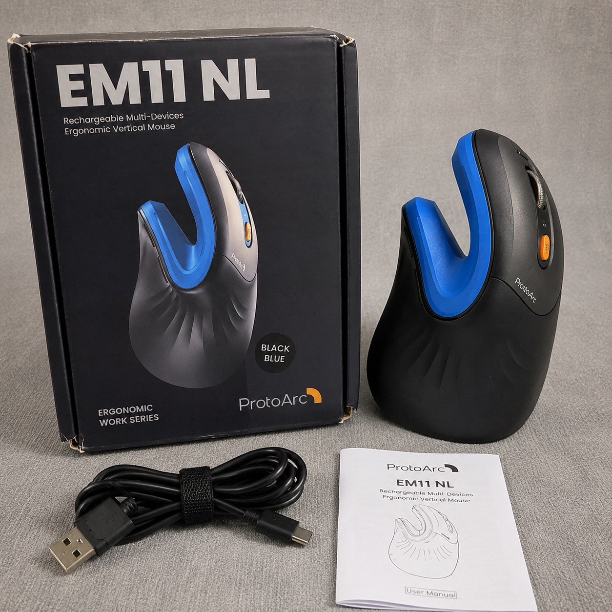 ProtoArc EM11 NL Wireless Vertical Mouse Bluetooth USB Rechargeable Black Blue