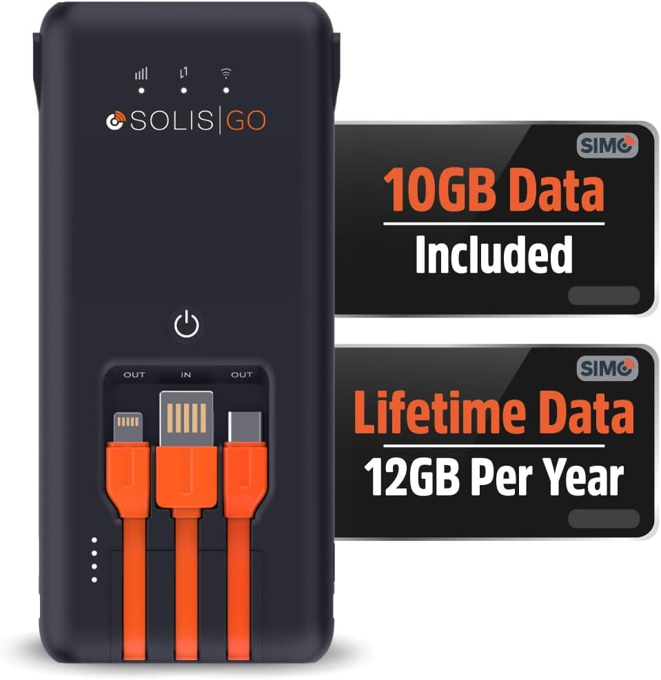 Solis Go High Speed Mobile Hotspot Wifi Power Bank with Built-In Charging Cables