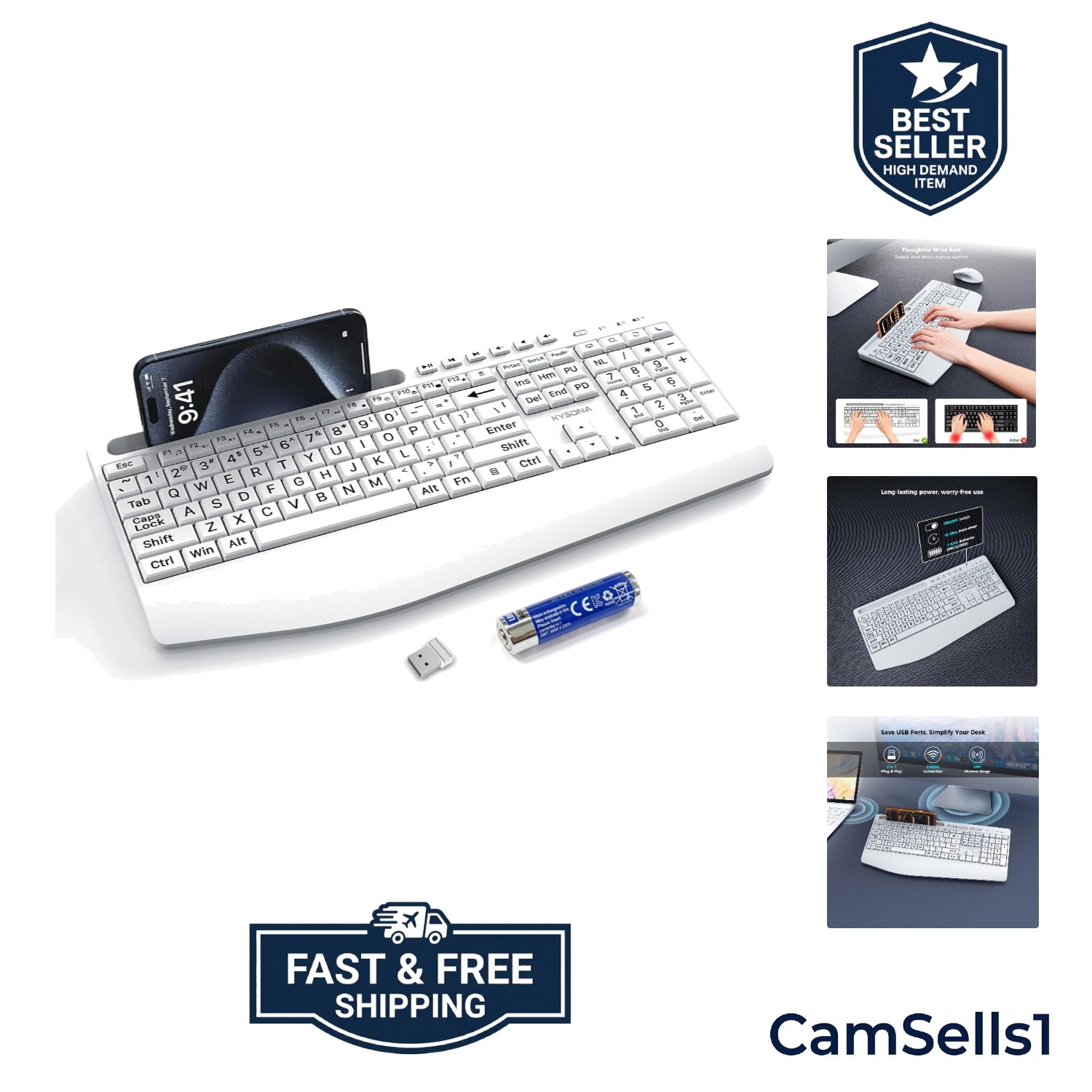 Large Print Wireless Keyboard, Full Size Cordless Computer Keyboard with Phon...