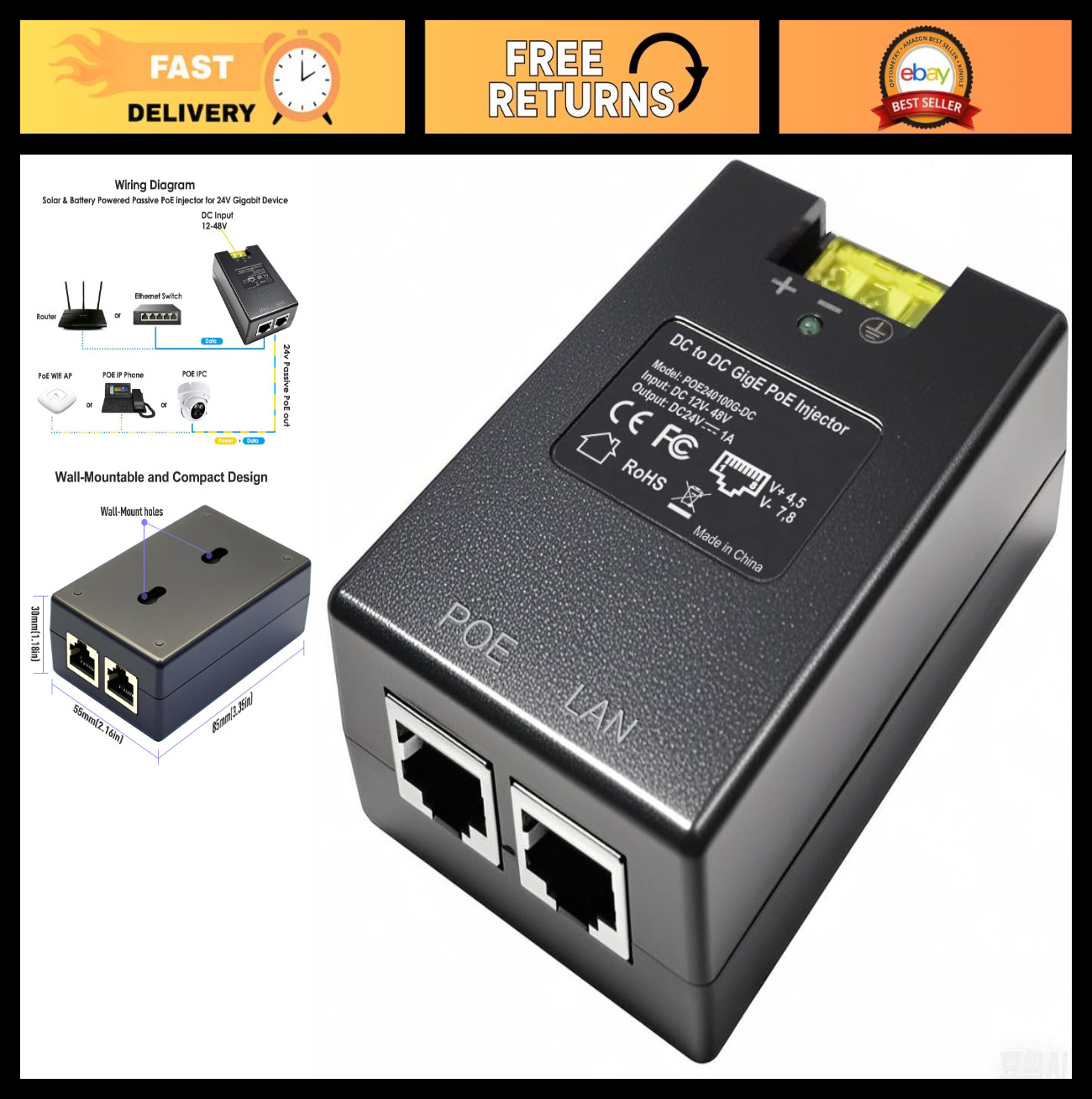 24V Gigabit PoE Injector Adapter | 12V/24V DC Input | 24W Passive Mode for Solar