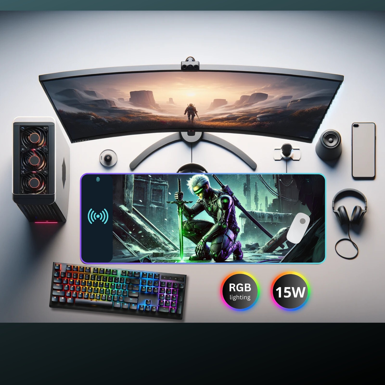 DESKMATEC Wireless Charging Mouse Pad, 15W Qi-Compliant CyberBlade RGB Wireless