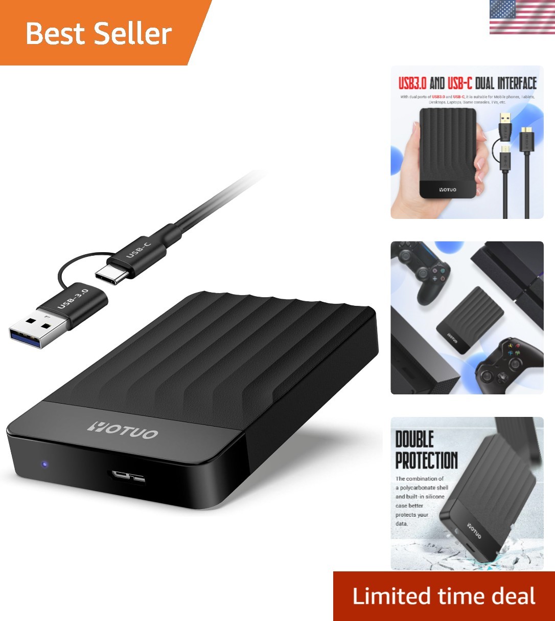 1TB External Hard Drive, Portable Storage Expansion HDD, USB 3.0 & USB-C for ...