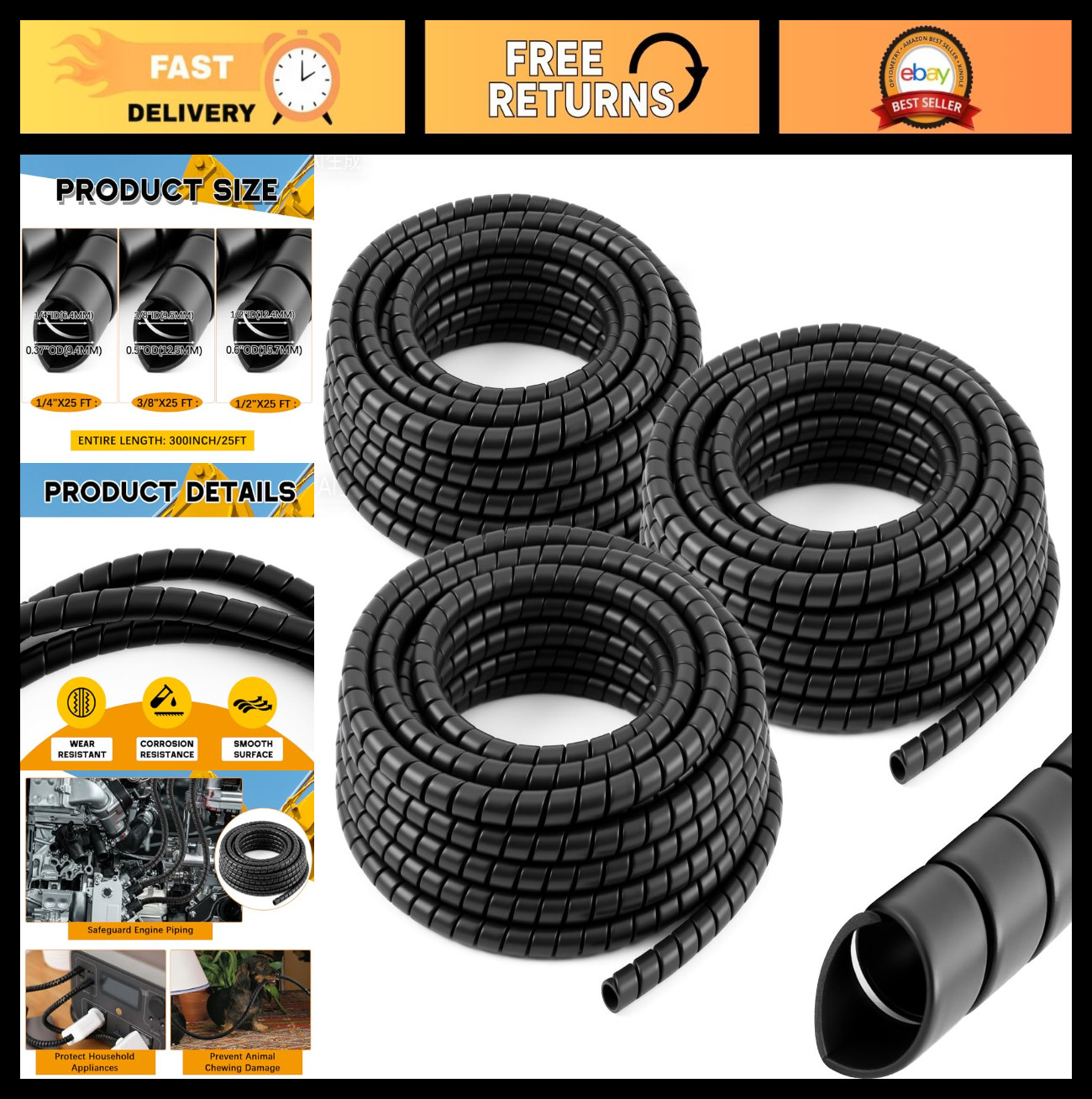 3 Pcs Spiral Cable Protector Wrap - 1/4'' 1/2'' 3/8'' OD, 25' Length, Hydraulic