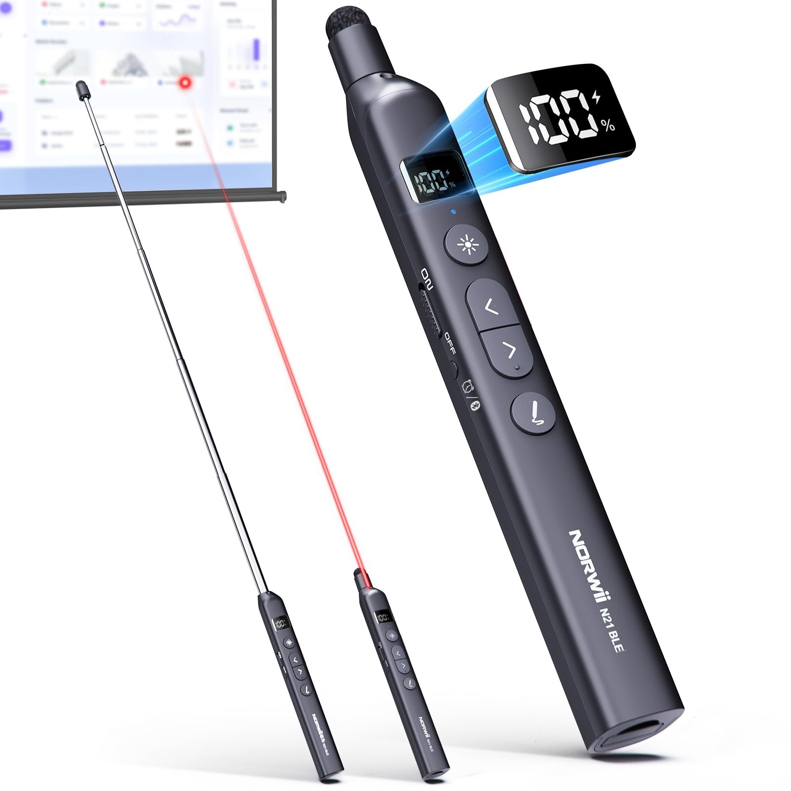 Norwii N21 Bluetooth Presentation Clicker with Telescopic Teaching Pointer