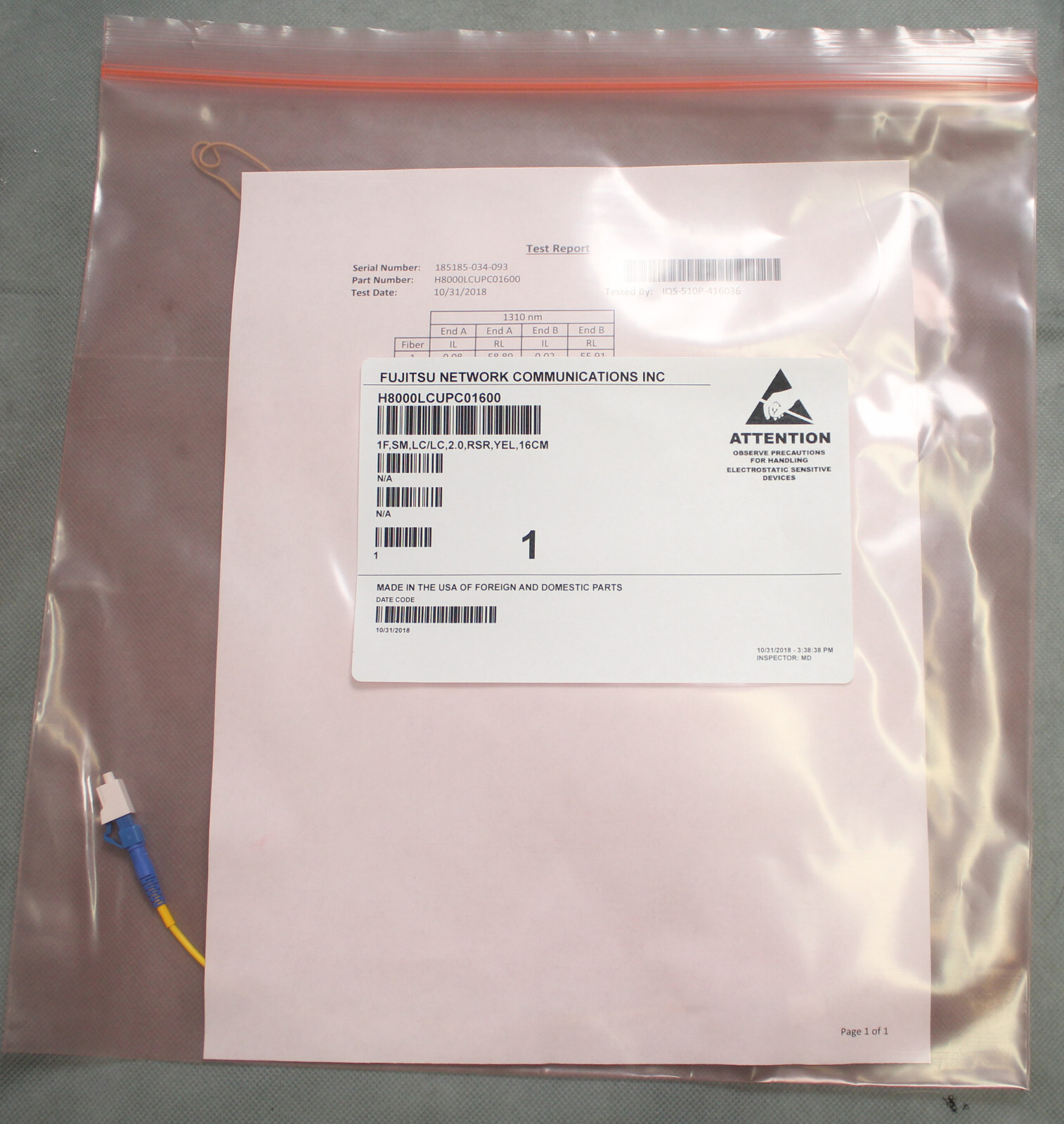 FUJITSU NETWORK COMM H8000LCUPC01600 FIBER CABLE 1F,SM,LC/LC,2.0,RSR,YEL,16CM