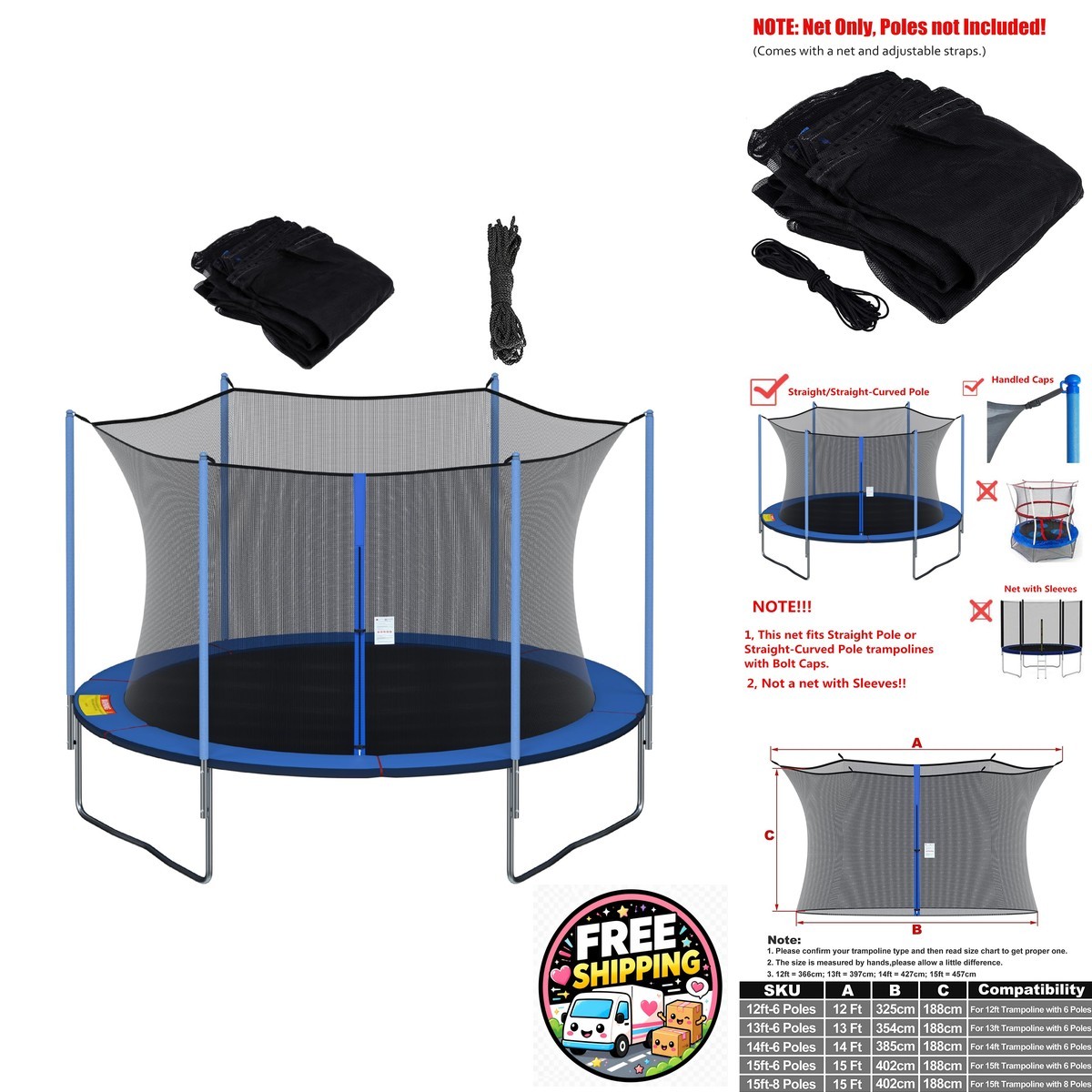 Cliselda 15 ft Round Trampoline Replacement Safety Net for 8 Straight Poles