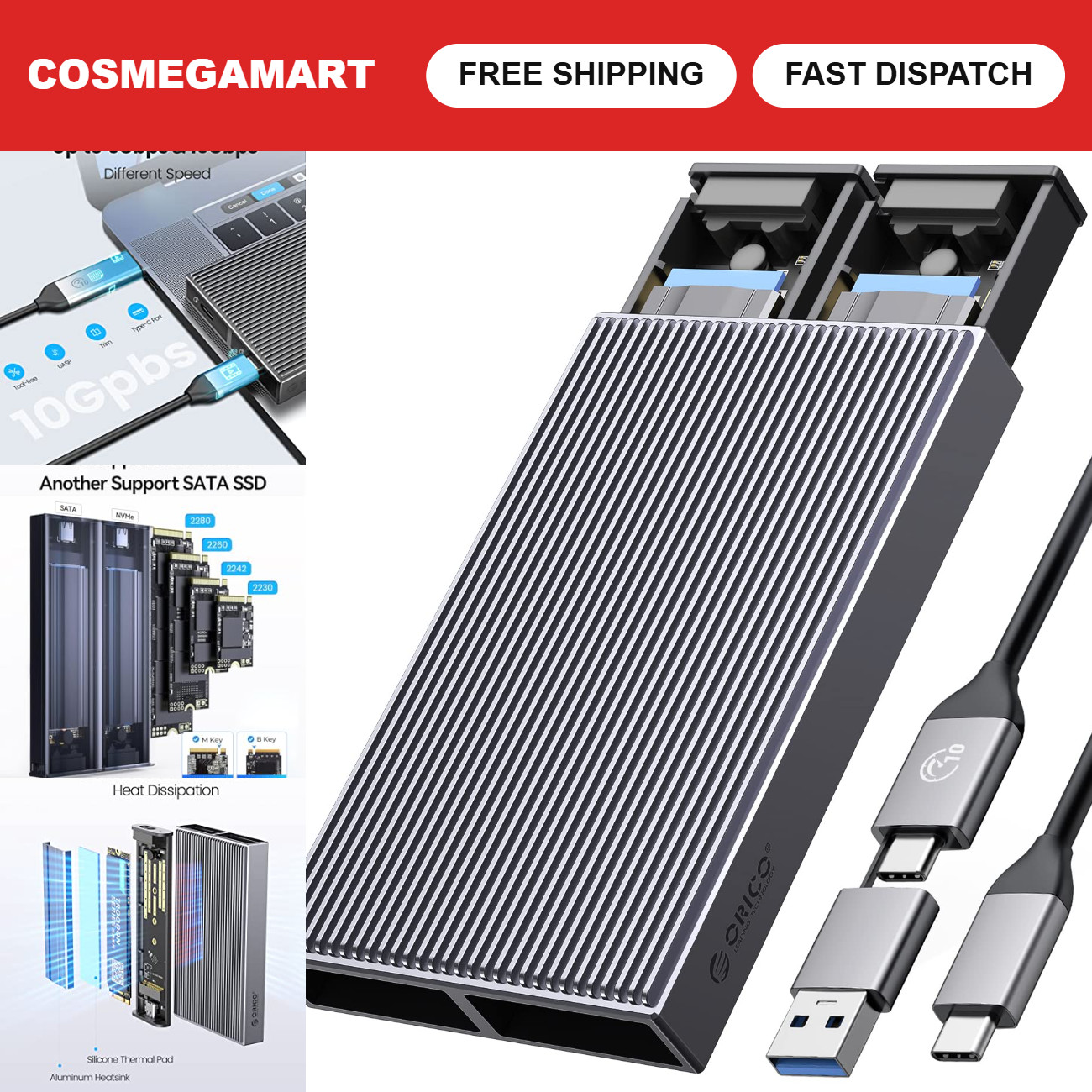 Dual M.2 NVMe SATA SSD Enclosure USB C Adapter Tool-Free Installation for 2230/2