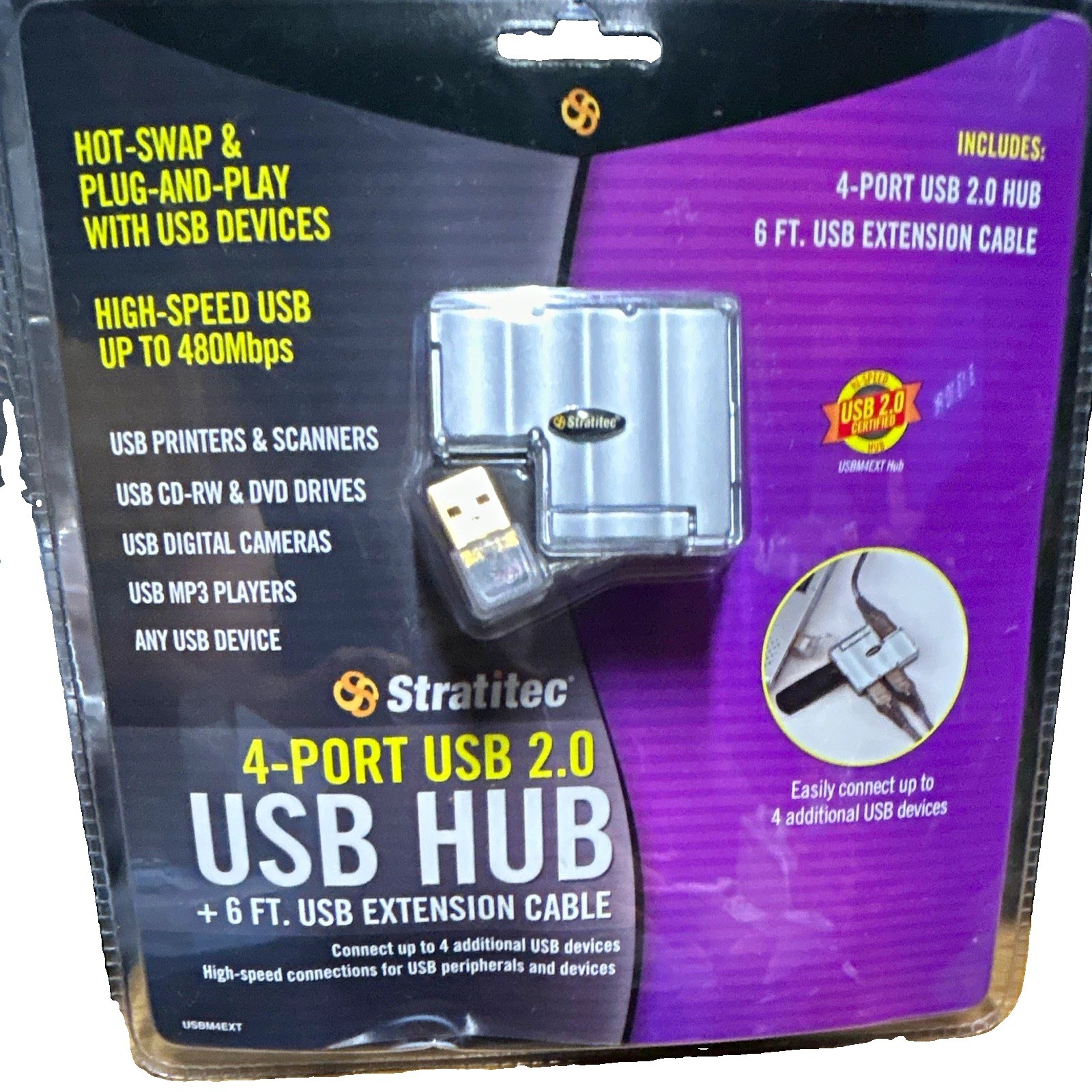 Stratitec 4-Port USB 2.0 1:4 Hub/Splitter 6ft Extension Gold-Plated Silver