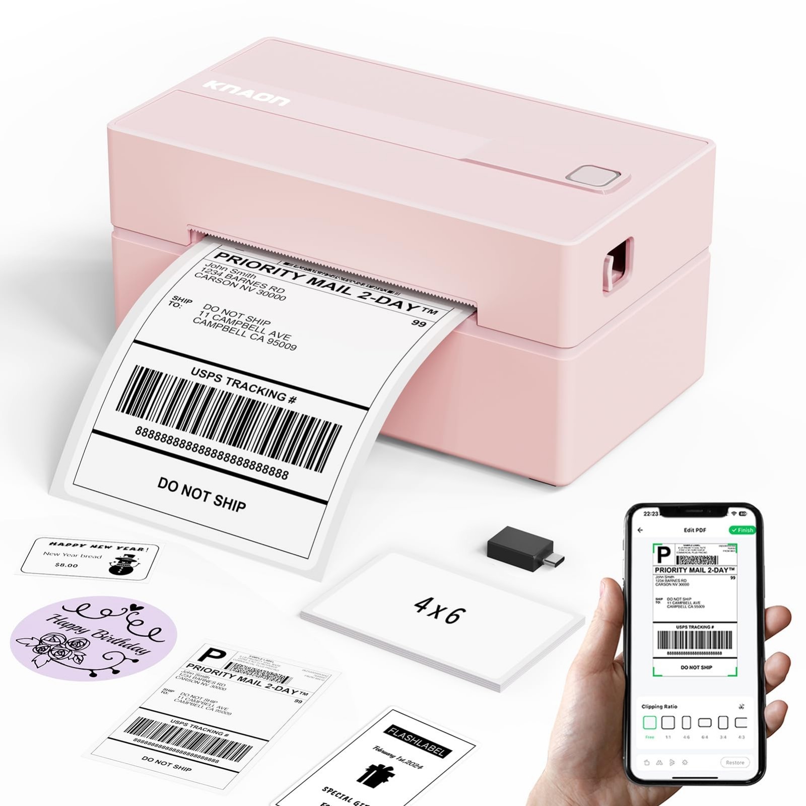 Bluetooth Thermal Shipping Label Printer 4x6 - Compact, Pink, Ideal for Small Bu