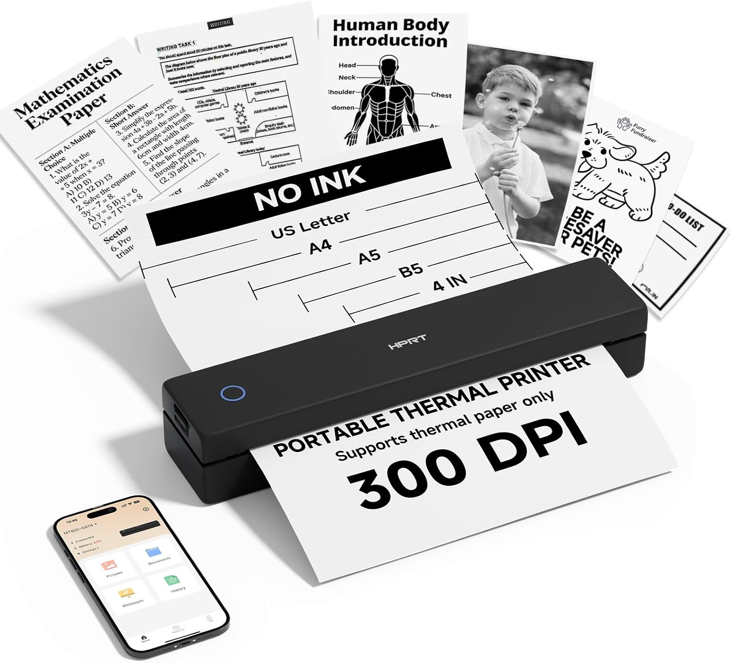 Inkless Portable Thermal Printer Wireless for Travel,Mt620 Pro,300 DPI