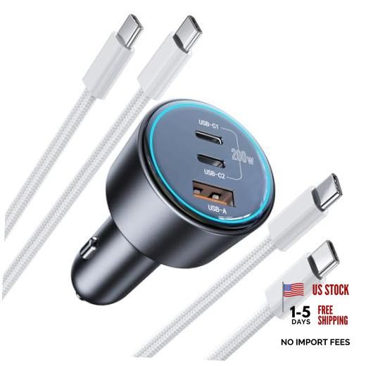 200W Super Fast Car Charger Adapter with 2100W USB C to C Cables, Adapter