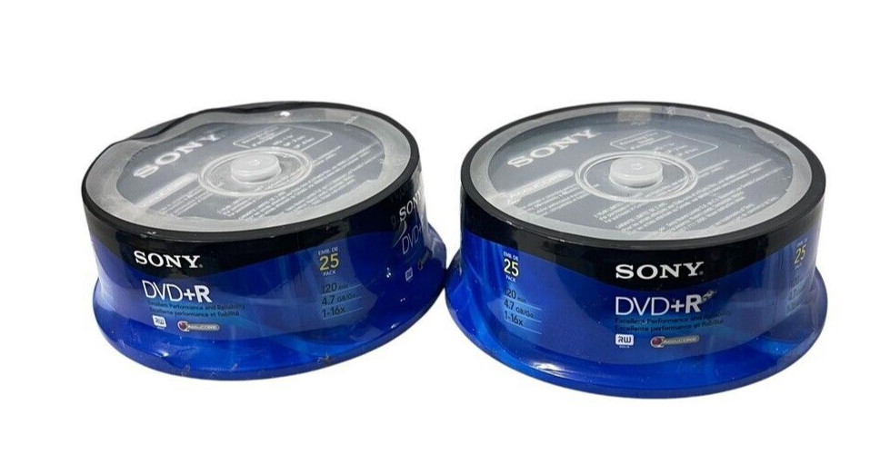 2 Sony 25 Pack Spindle Blank DVD+R Discs 16x 4.7GB 120 Minute Accucore Sealed