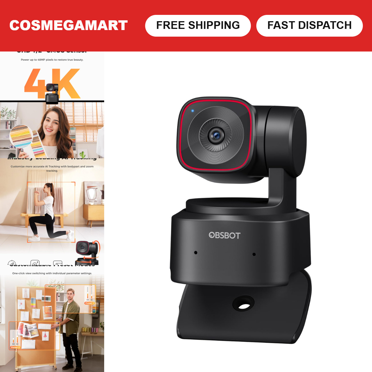 4K AI Tracking Webcam, PTZ Streaming Camera for PC, OBSBOT Tiny 2 Lite Compatibl