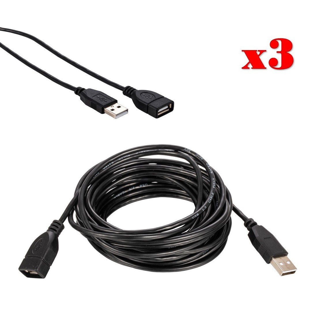 3-Pack - 15FT USB 2.0 High-Speed Extension Cable A Male to A Female Black Cord