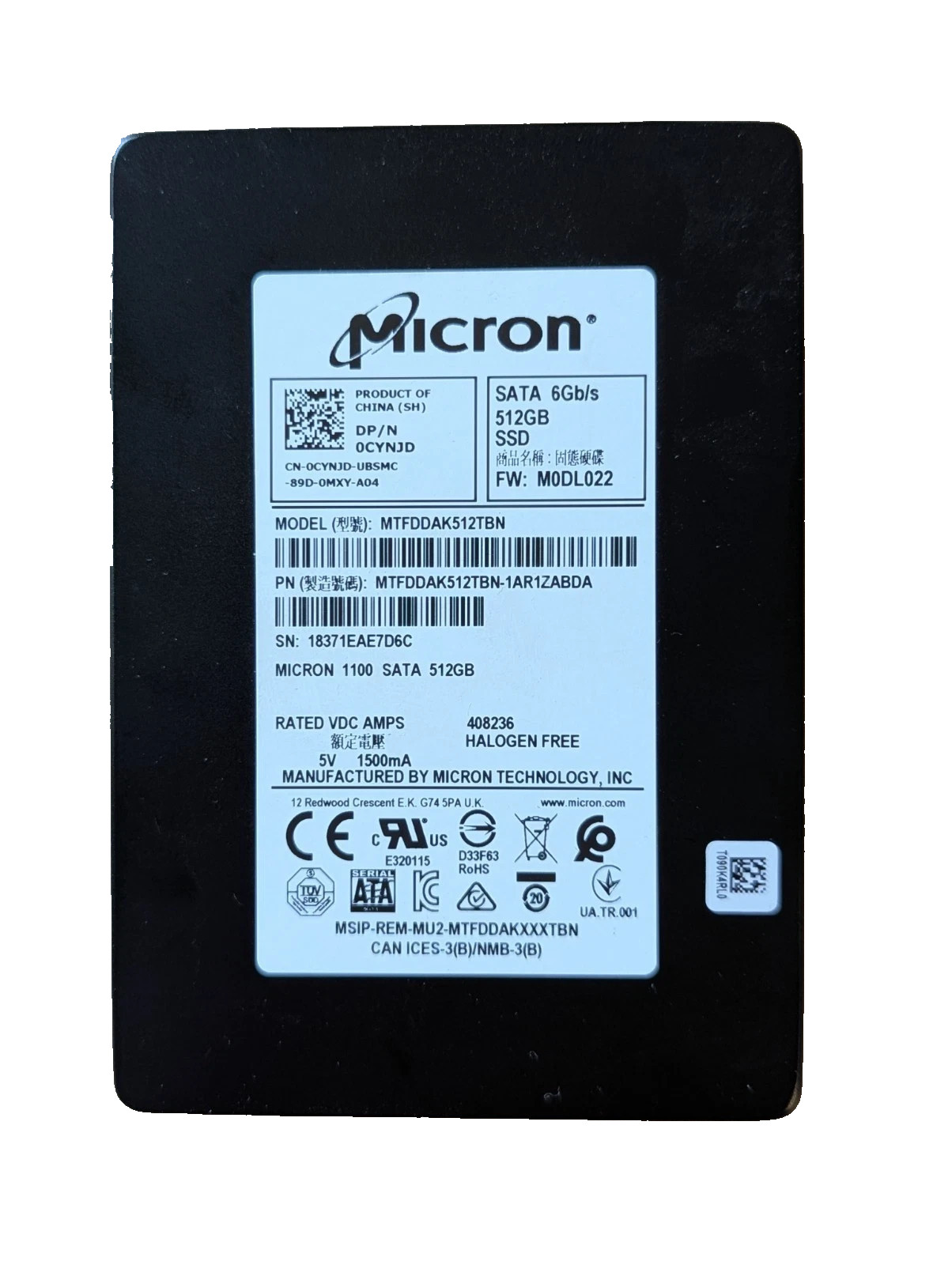 Micron 512Gb Sata 2.5" 6.0Gb/s SSD Solid State MTFDDAK512TBN 0CYNJD