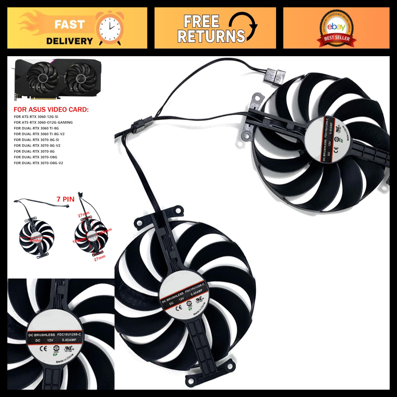 High-Performance GPU Cooling Fans 95mm 12V for RTX 3060/3060Ti/3070 (2PCS)