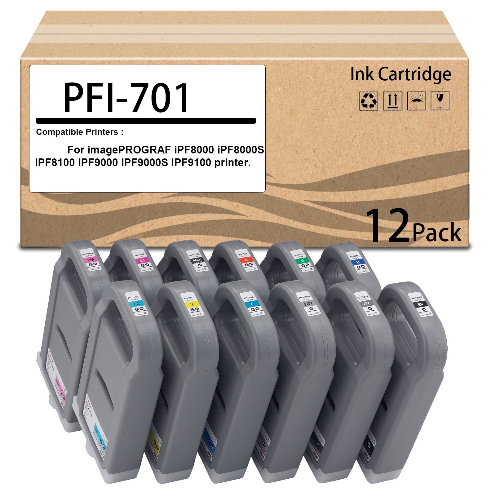 12  Pack  Ink Tank  for PFI701 Ink Cartridge for imagePROGRAF iPF8000 iPF8000S