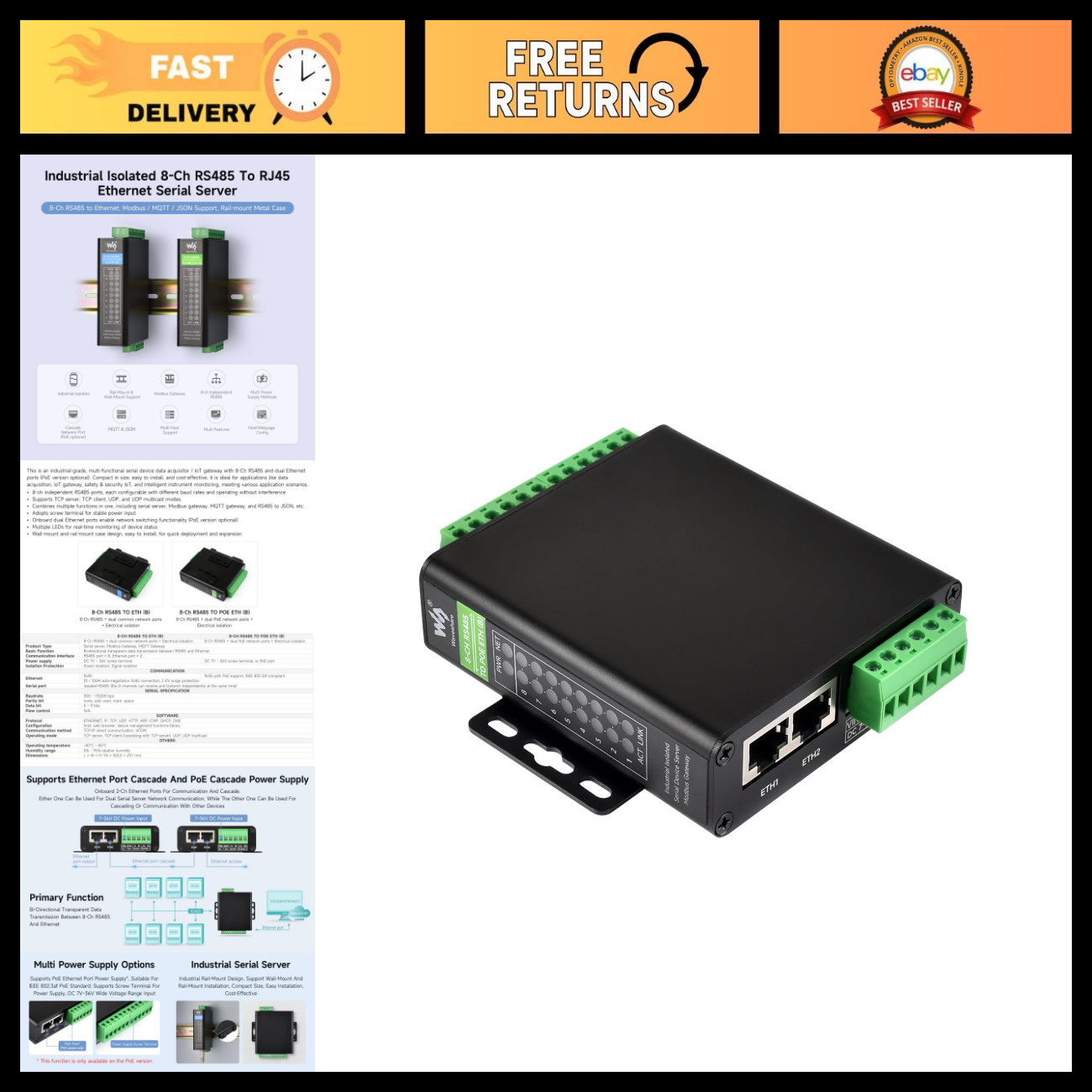 8-Channel RS485 to RJ45 Ethernet Serial Server, Isolated Rail-Mount Module, PoE,