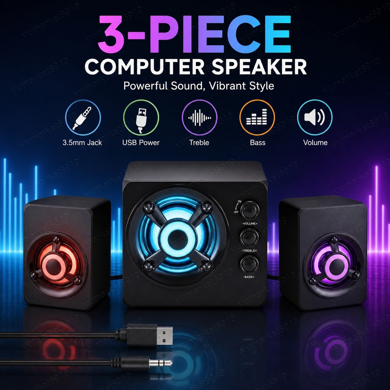 Wired PC Speaker Set 3 Channel with RGB Breathing Light USB Powered for Laptop