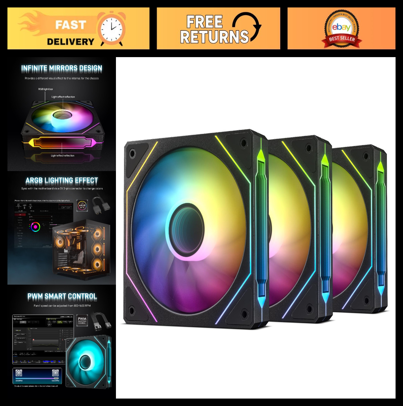 120mm Infinite Mirror Design Case Fans - Darkrock Black F120, 3-in-1 RGB Cooling