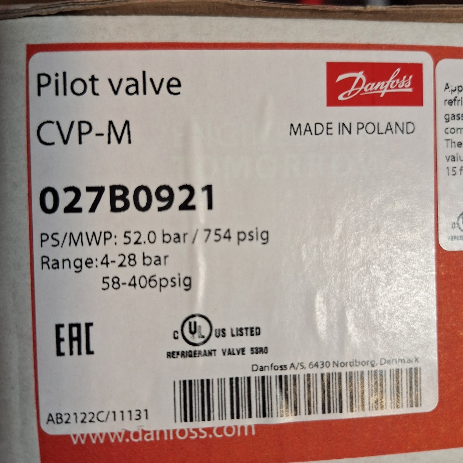 1pcs Danfoss ICS Electromagnetic Pilot Valve Series CVP-M(4-28bar) 027B0921