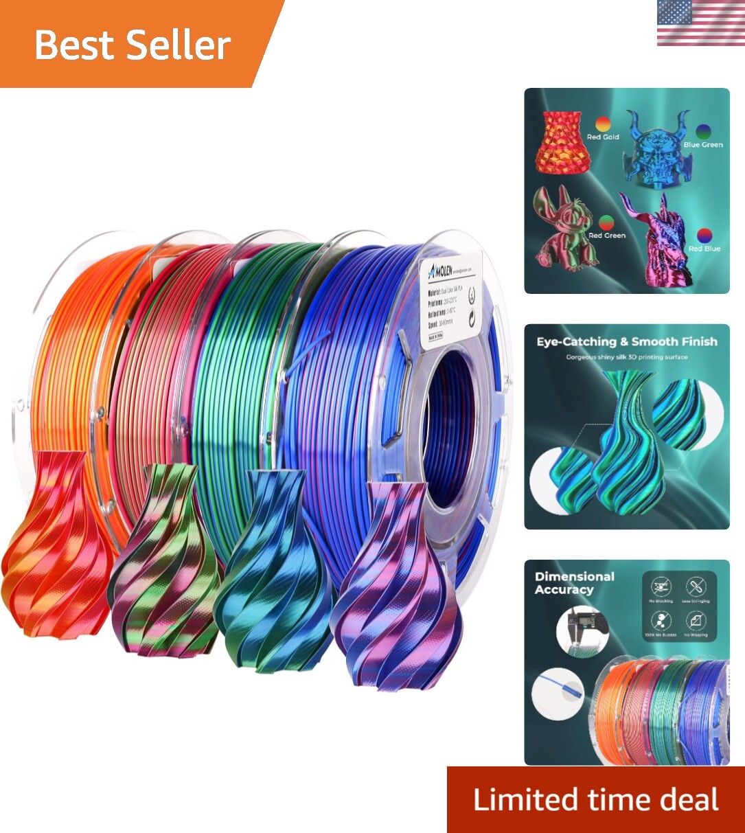 Vibrant Dual Color Silk PLA Filament Bundle for Flawless 3D Prints - 800g Total