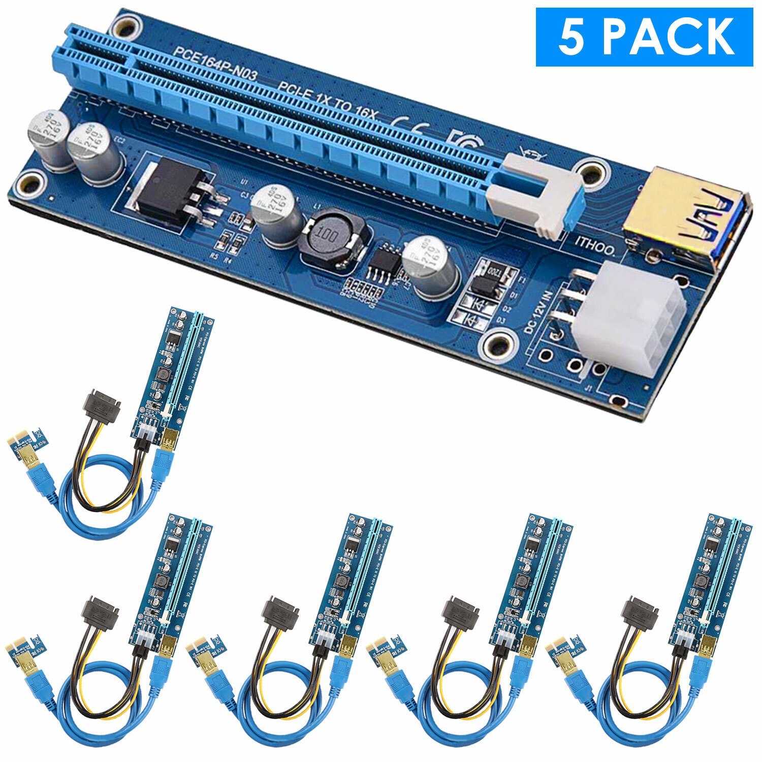5x VER009S PCI-E Riser Card PCIE 1x to 16x GPU Mining Powered Riser Adapter Card