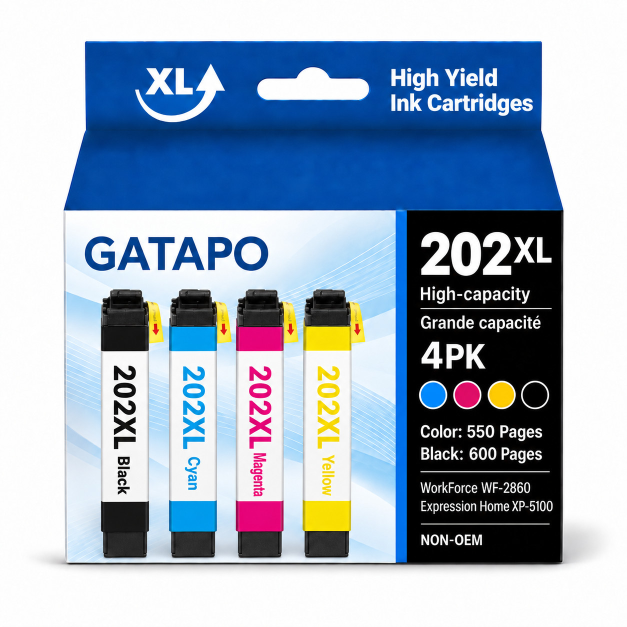 202XL 4PK Ink Replacement for 202XL XP-5100 WF-2860 Printers(BK/M/Y/C)