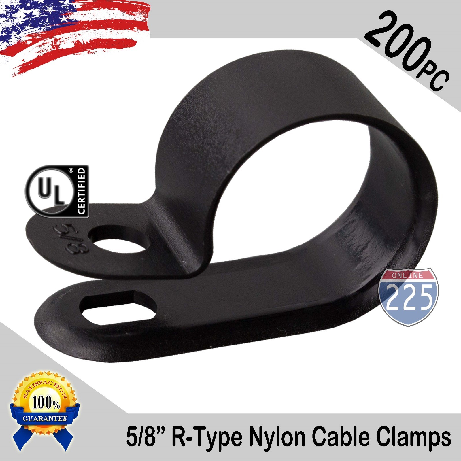 200 PCS PACK 5/8" Inch R-Type CABLE CLAMPS NYLON BLACK HOSE WIRE ELECTRICAL UV