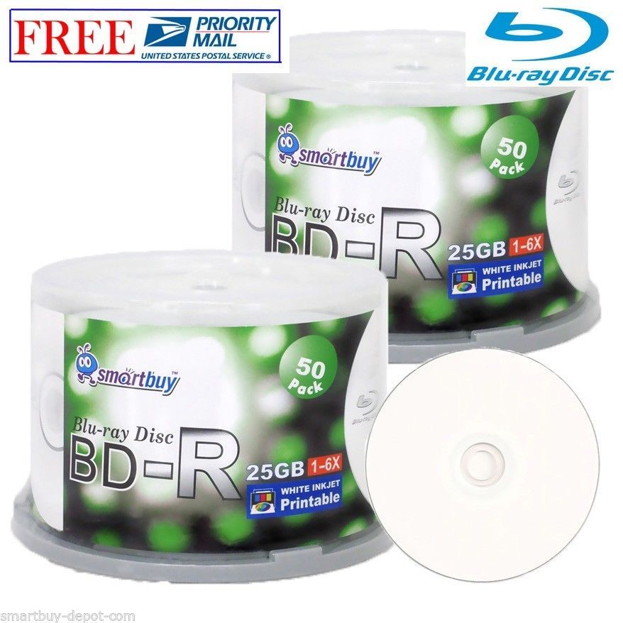 100 Pcs SmartBuy BD-R BDR 6X 25GB Blu-ray White Inkjet Hub Printable Record Disc