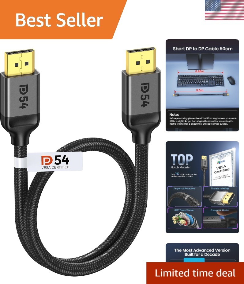 16K DisplayPort Cable 2.1 - VESA Certified Braided 1.6ft High-Speed Cord