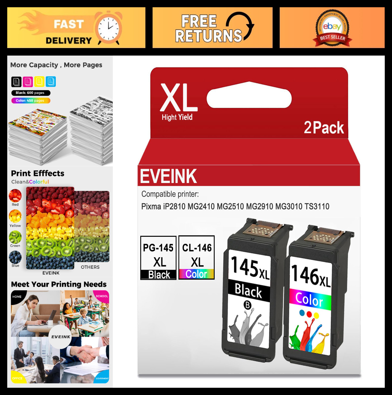 High Yield Ink Cartridges 145XL 146XL Replacement for Canon Pixma Printers (1 Bl