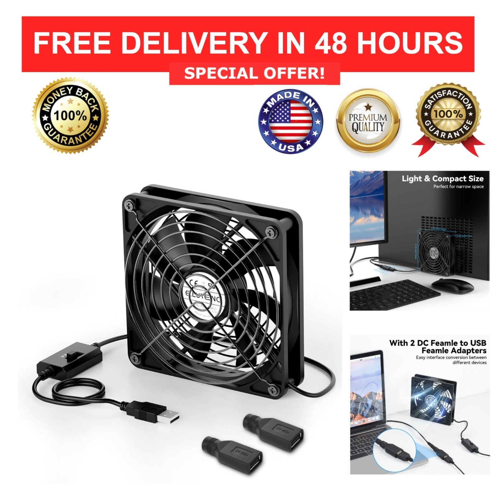 ELUTENG 120mm USB Computer Fan 5V PC Cooling Fan 3 Adjustable Speeds