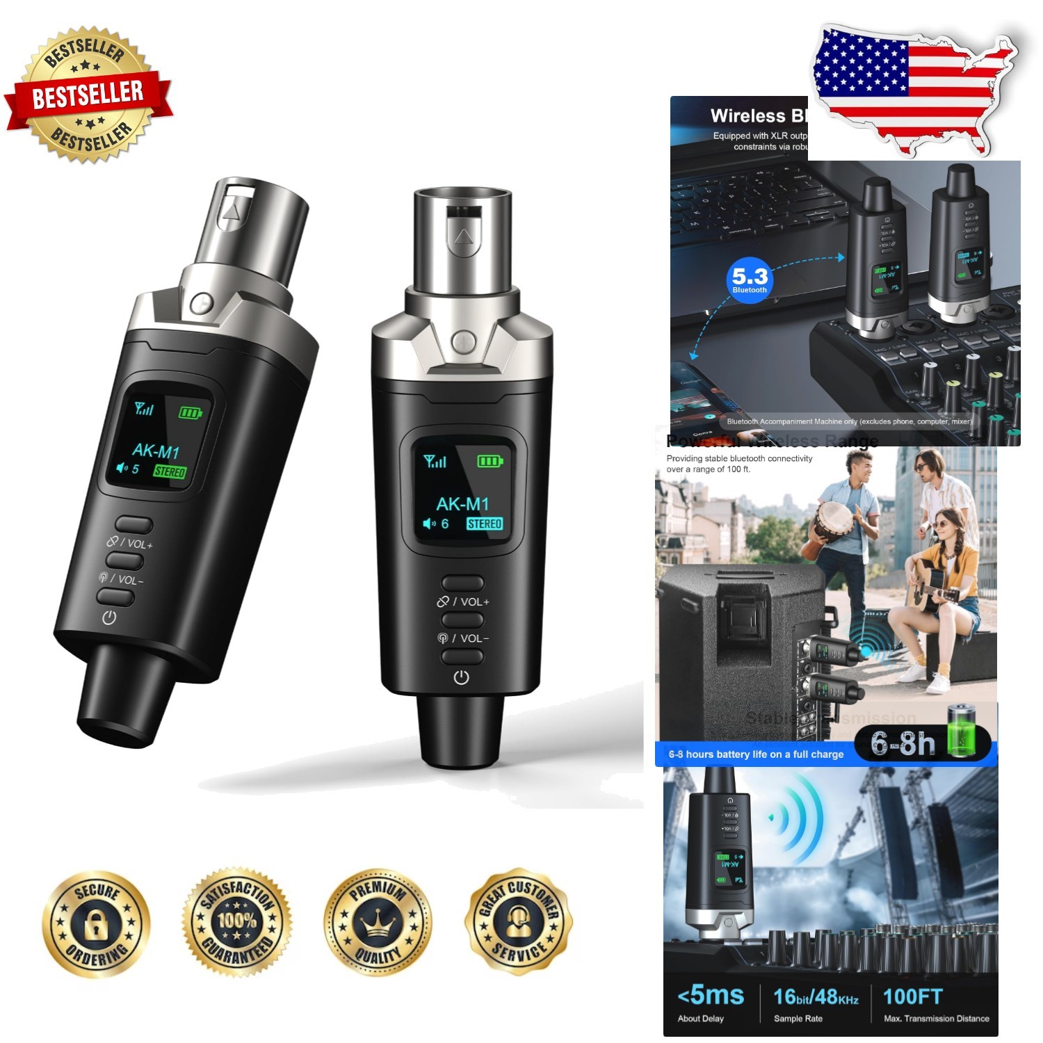 AK-M1 Pro XLR Bluetooth Receiver 2-Pack - Hi-Fi Stereo Audio Adapter 100ft