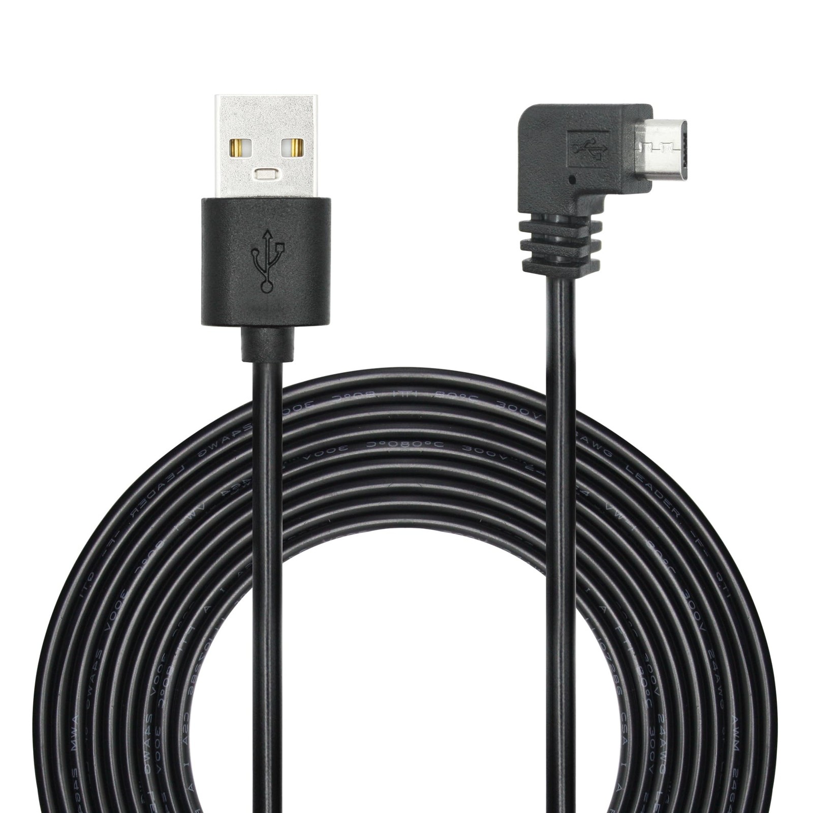 90 Degree Dash Cam Micro USB Power Cord 11FT, Not Compatible Black