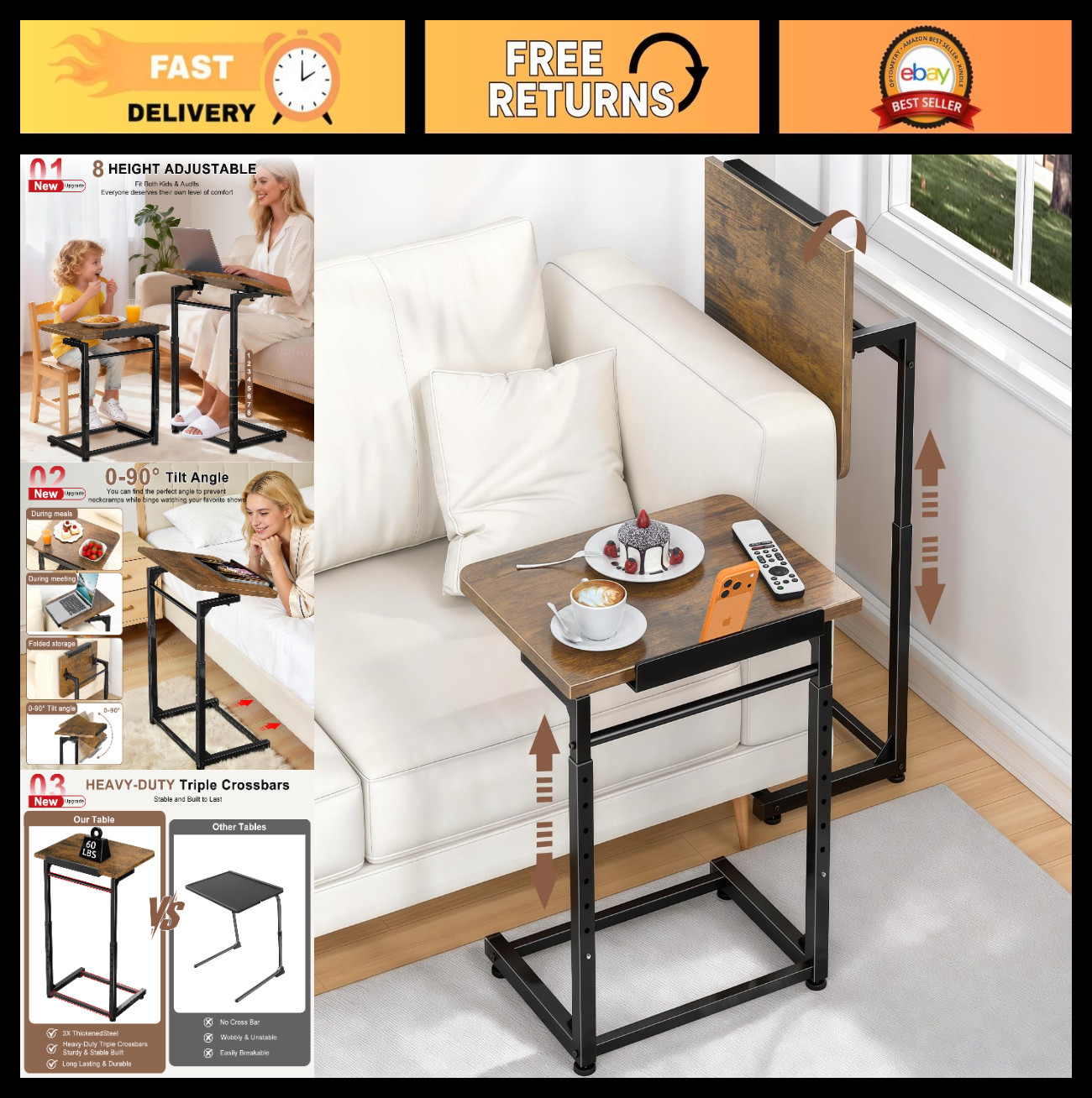 Adjustable Height TV Tray Table - Foldable Couch Side Table with Tilt & Slots