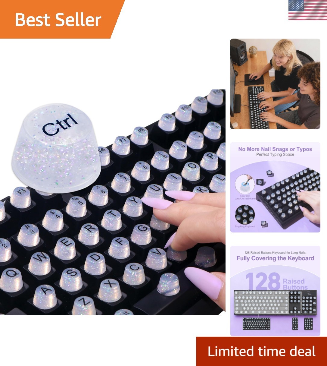 Soft Silicone Keyboard Keycaps - 128 Bling Stickers Perfect for Long Nails